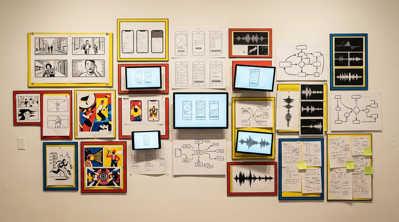 Ai Bro! Agency creative technology journey combining storyboards, product interfaces, music, production workflows and business transformation.