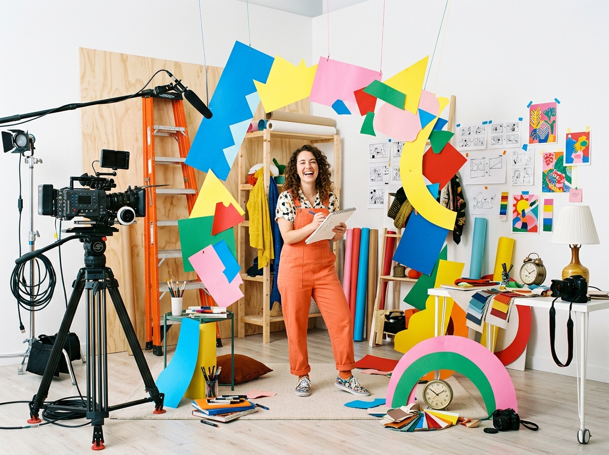Creative person standing in a clean white studio surrounded by oversized coloured paper