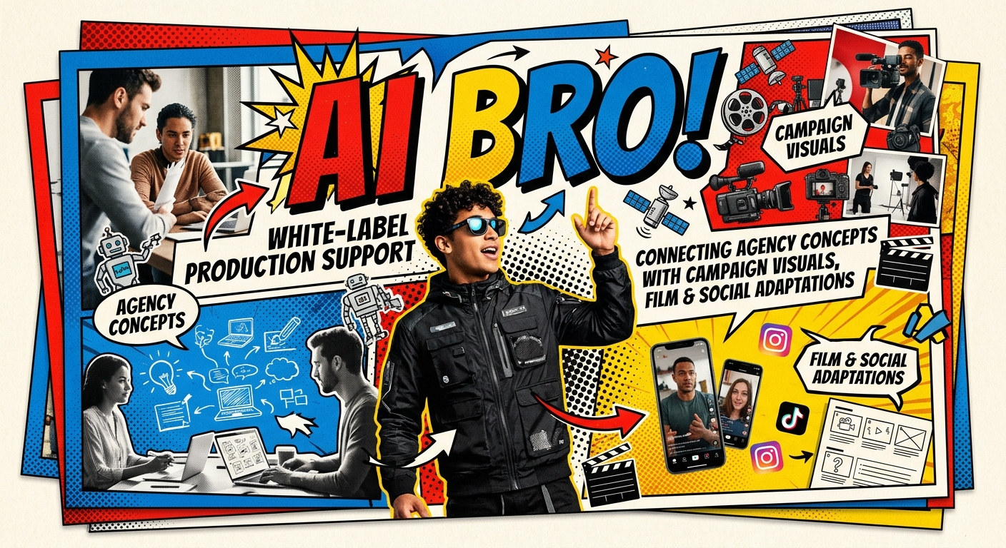 Ai Bro! Agency white-label production support connecting agency concepts with campaign visuals, film and social adaptations.