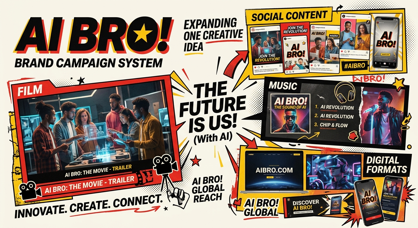 Ai Bro! Agency brand campaign system expanding one creative idea into film, social content, music and digital formats.