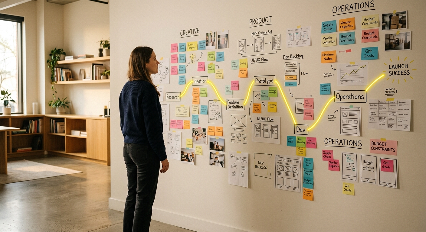 Person looking at a wall of mixed creative, product and operational challenges