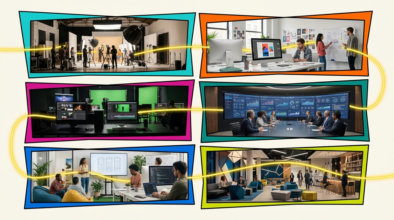 Premium editorial business solutions composition connecting six environments