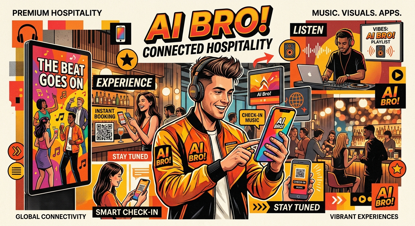 Ai Bro! Agency connected hospitality experience combining music, visual content, digital screens and guest applications.
