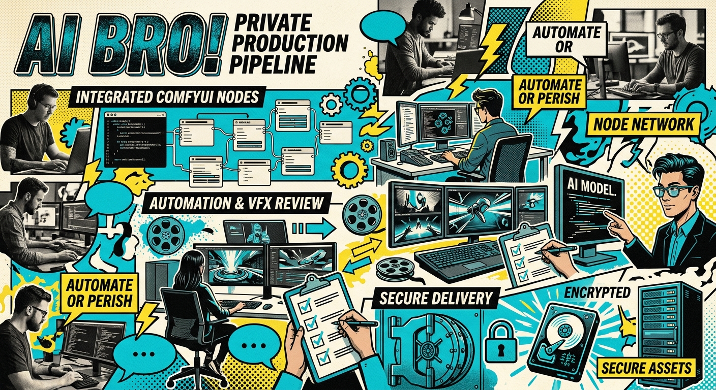 Ai Bro! Agency private production pipeline integrating ComfyUI, automation, VFX review and secure delivery.
