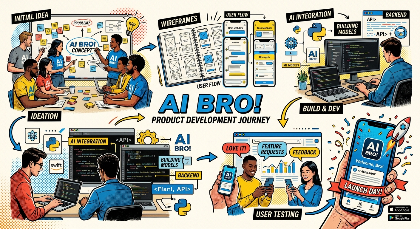 Ai Bro! Agency product development journey from initial idea and wireframes to AI-powered mobile application.